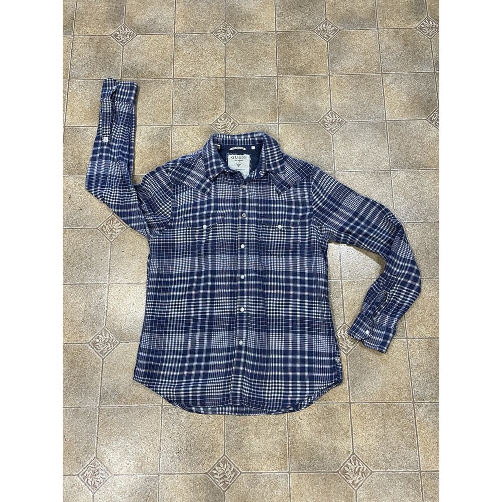 Guess LA 1981 -Blue Plaid Flannel Pearl Snap Button Up Shirt Women’s Sz Medium - Picture 3 of 16